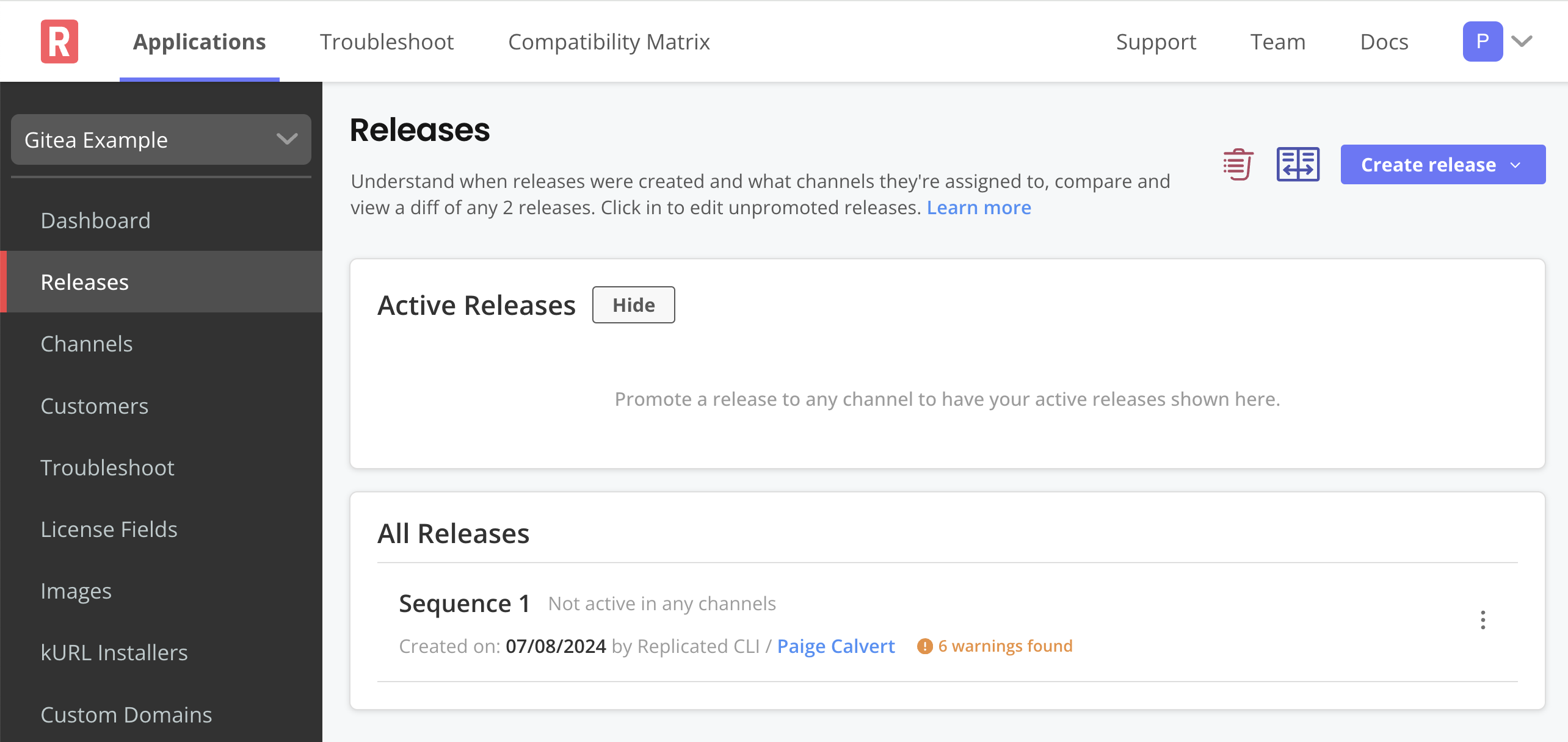 Release page in the Vendor Portal with one release