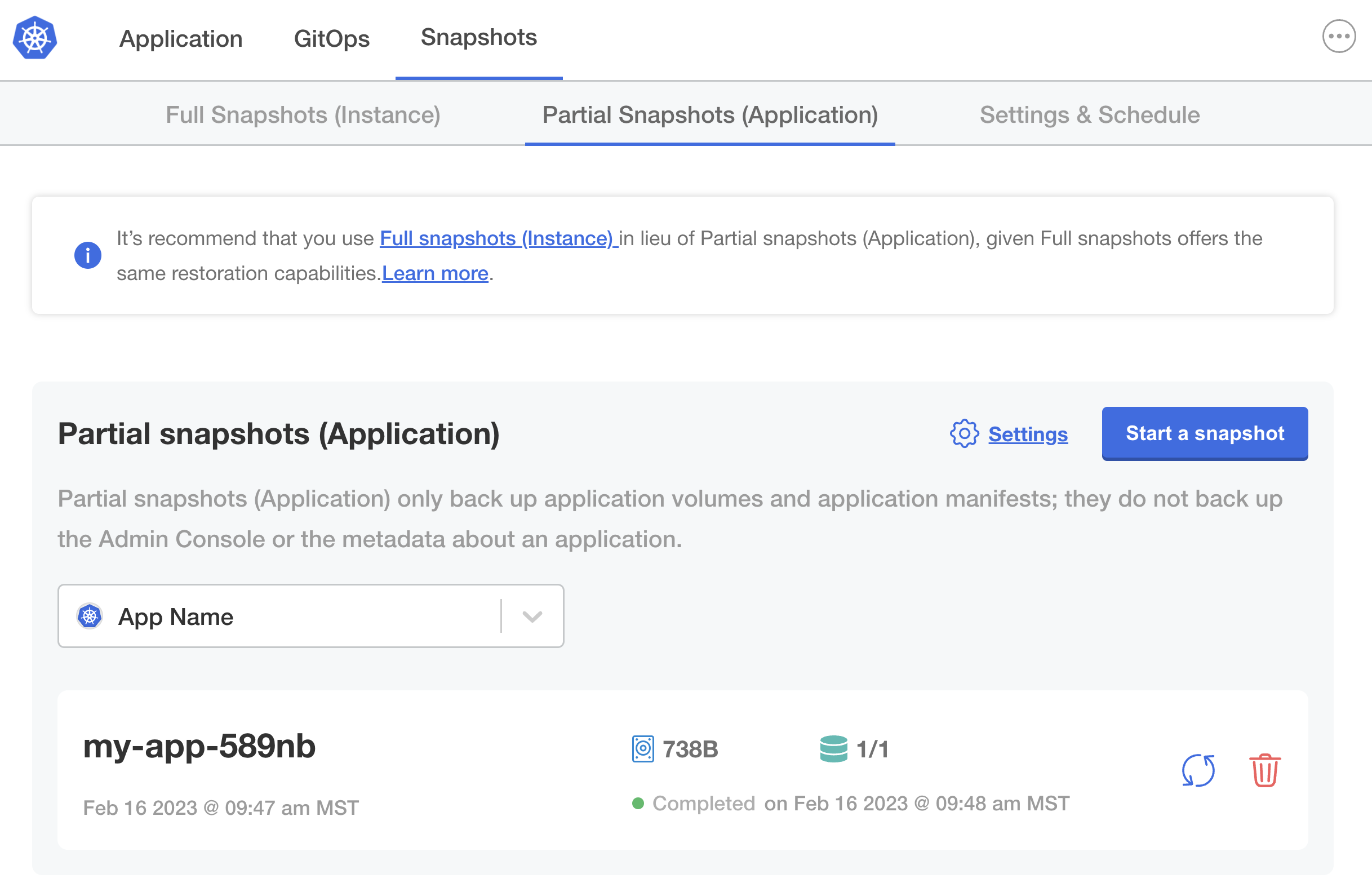 Partial snapshot page with one completed snapshot